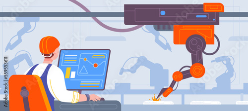 Smart factory control. Contemporary industry 4. 0 concept wireless control automation assembly software interface for monitoring manufacturing machine, splendid vector illustration