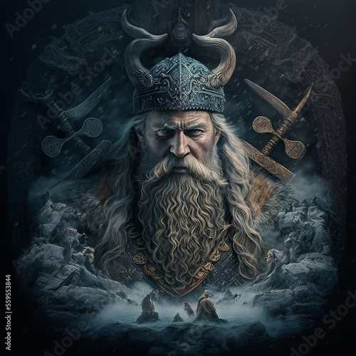 Norse mythology god Bragi. Created with Generative AI technology. photo