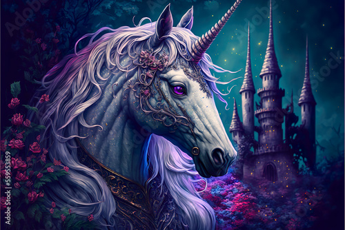 A portrait of a fantastic unicorn against a background of flowering plants and a castle. Illustration created with Generative AI.