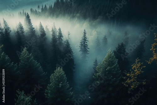 Forest landscape view from above  foggy forest. AI
