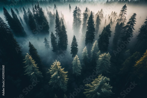 Forest landscape view from above  foggy forest. AI