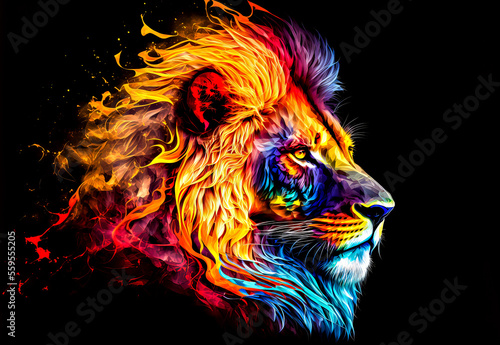 Lion, the head of a lion in a multi-colored flame. Abstract multicolored profile portrait of a lion head on a black background.	