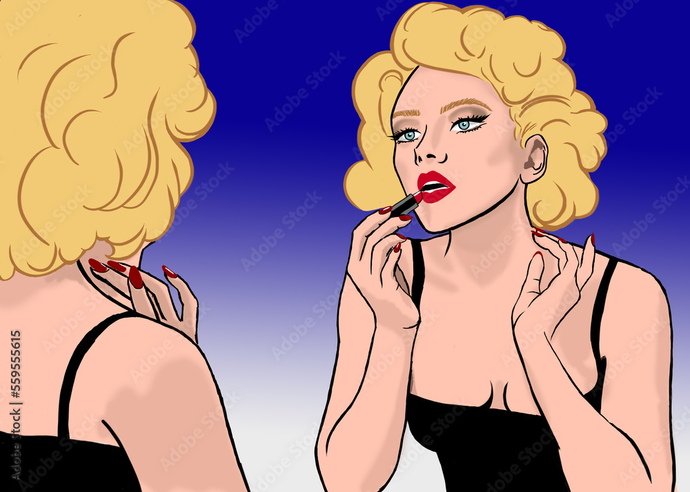 Blonde woman applying red lipstick in front of a mirror Blonde woman applying red lipstick in front of a mirror