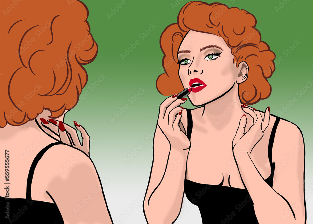 Redhead woman applying red lipstick in front of a mirror Redhead woman applying red lipstick in front of a mirror