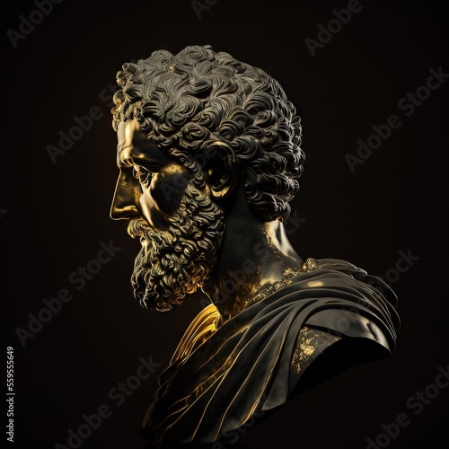 Un homme stoïque, statue, sculpture, mix aux accents or et noir, grec. Idéal pour les citations, le papier peint, les cartes postales