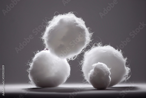 Close-up of white cotton balls on a table with a black background, Generative AI