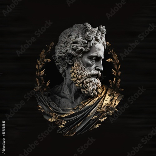 Un homme sto  cien grec  statue  sculpture  mix aux accents dor  s et noirs. Id  al pour les citations  le papier peint  les cartes postales