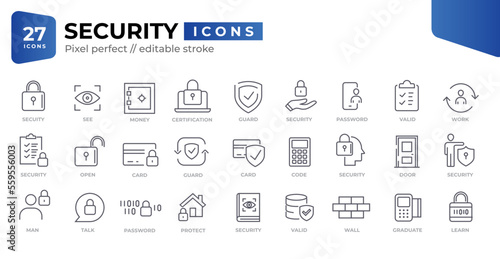 Security Line Icons Shield, Insurance, Padlock, Computer Network, Support, Keys, Safe