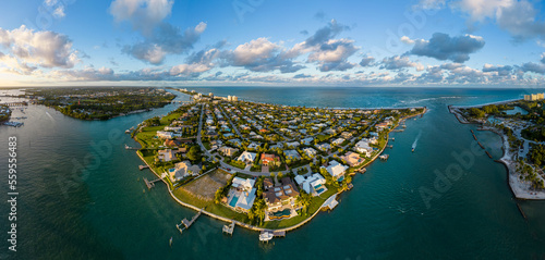 Aerial wide panoramic view of Jupiter  Florida. USA coastline neighborhood. January 2023