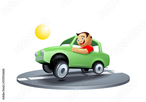 Toy car illustration with a cheerful driver.
