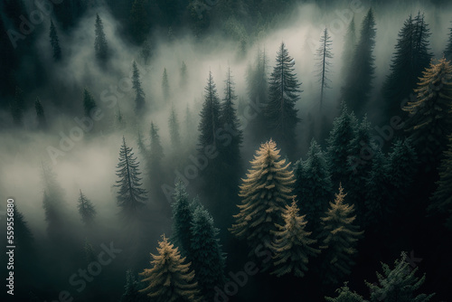 Forest landscape view from above  foggy forest. AI