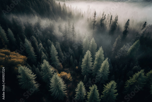 Forest landscape view from above, foggy forest. AI © MiaStendal