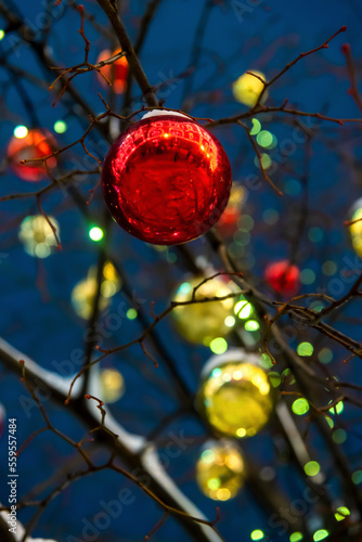 Low angle view of red and yellow Christmas bauble decorations on bare tree branches at winter night. Selective focus. Copy space for your text. Holidays decoration theme.