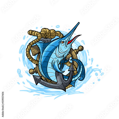 Illustration of a Blue Marlin with a ship's anchor and rudder. Fishing team logo.