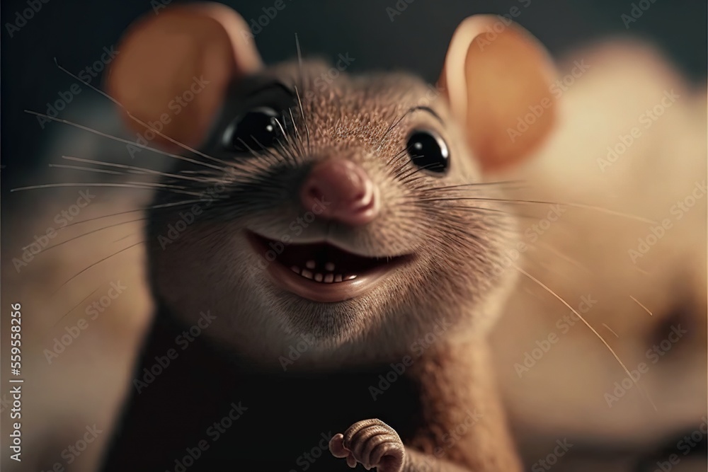 a smiling rat with a toothy smile on its face and ears, with other mice in