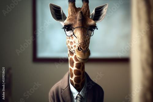 Portrait of giraffe in a business suit, at the office, generative ai