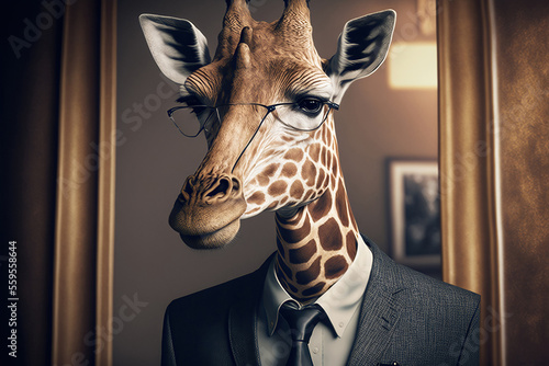 Portrait of giraffe in a business suit, at the office, generative ai