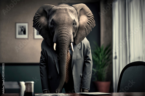 Portrait of elephant in a business suit, at the office, generative ai