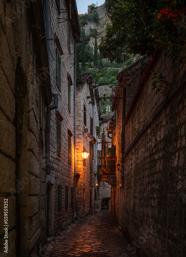 Evening view of the street of the old city. Kotor, Montenegro. The Bay of Kotor is the beautiful place on the Adriatic Sea. Kotor, Montenegro.