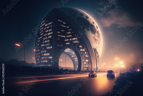 Futuristic oriental architecture, urban night landscape, neon light, round buildings, big moon, night lights. AI