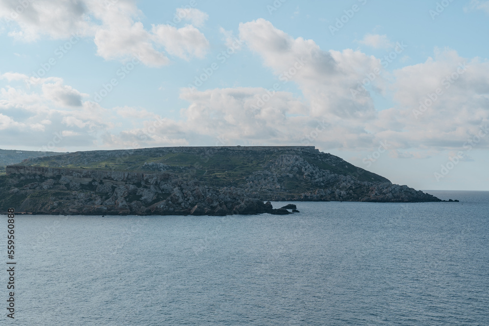 The beautiful landscape in Malta with the sea, rocks and the cliffs. 