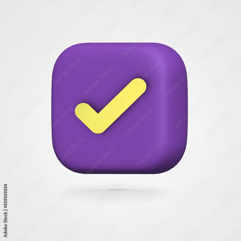 3d Isolated Check Mark Icon. Yellow Select Agree on Purple Checkbox with Shadow. Vector Illustration. 3d Isolated Check Mark Icon. Yellow Select Agree on Purple Checkbox with Shadow. Vector Illustration.