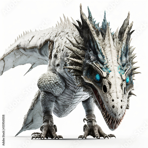 White gigantic dragon with turqoise eyes. Designed using generative ai © XtravaganT