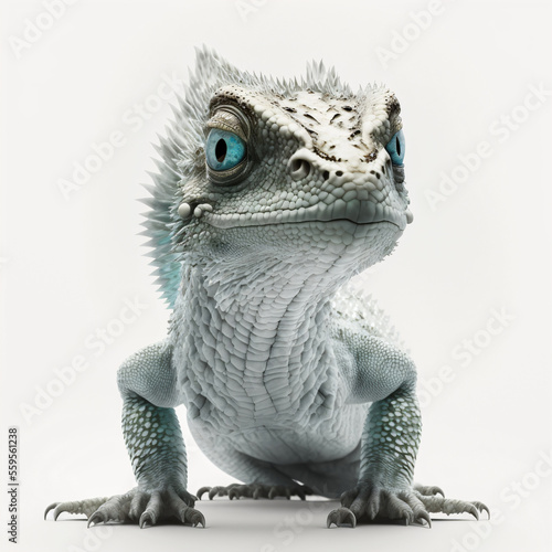 Cute white baby dragon with turquoise eyes. Designed using generative ai