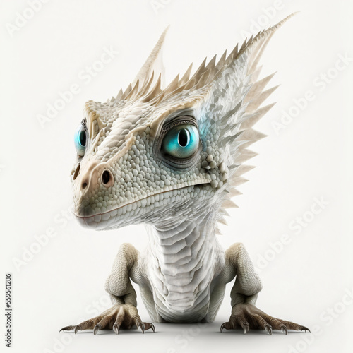 Cute white baby dragon with turquoise eyes. Designed using generative ai