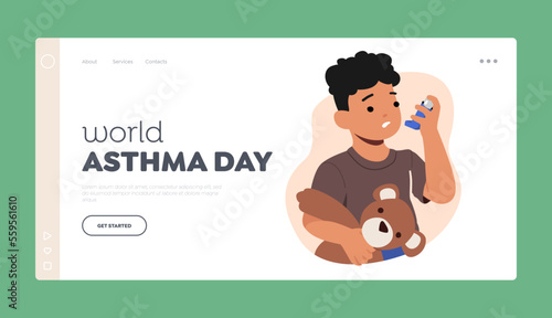 World Asthma Day Landing Page Template. Little Boy Breath with Inhaler. Kid Character Suffer of Respiratory Disease