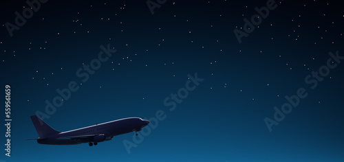 Taking off passenger airplane against the night starry sky