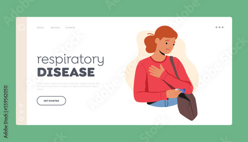 Respiratory Disease Landing Page Template. Female Character with Asthma Attack Taking Inhaler from Bag