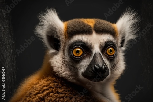  a close up of a lemura's face with a black background and a black background behind it, with a yellow eye and a black background with a black background with a black background. Generative AI photo
