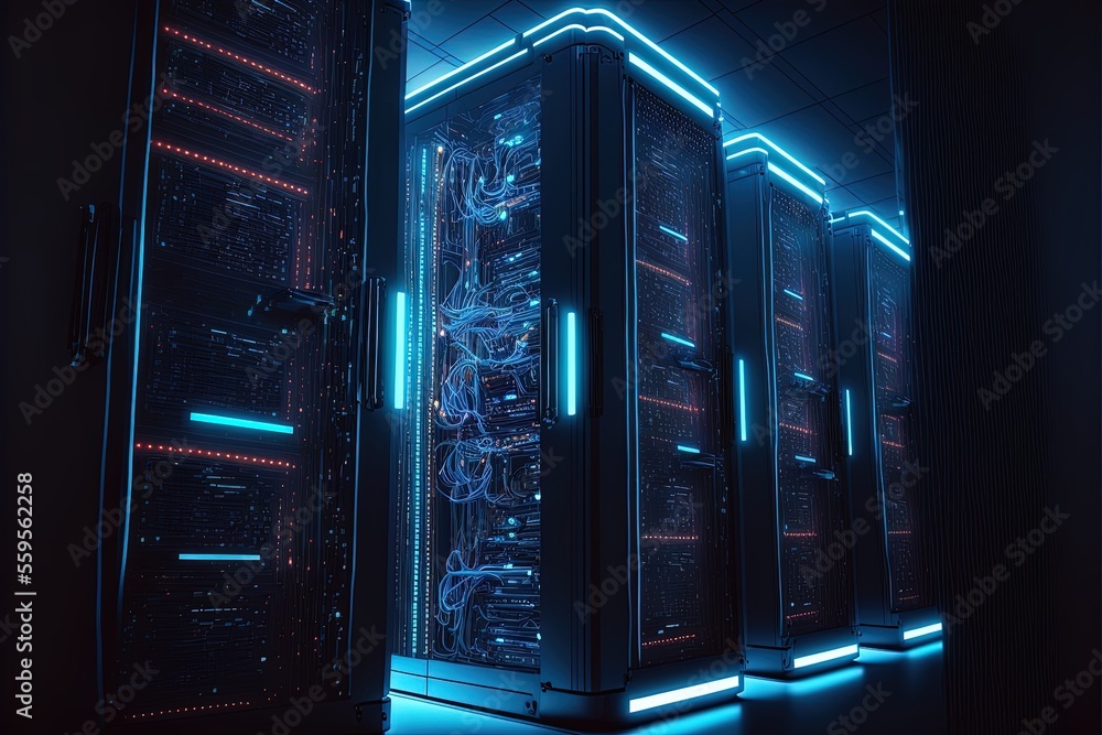 Abstract data center, server center corridor, blue neon. AI