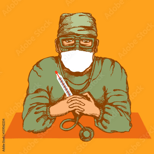 The attending physician, therapist, virologist or other specialist with a phonendoscope and thermometer sits at the table and receives patients. Sketch. Vector illustration