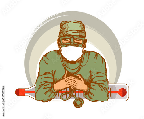 Therapist in a protective mask, with a phonendoscope and a large thermometer. Sketch, flat. Icon, emblem, symbol. Vector illustration
