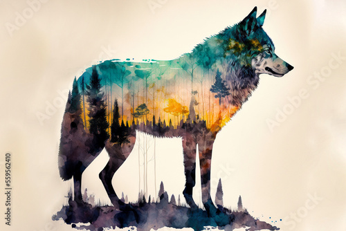 Doppelbelichtung von einem Wolf und seinen lebensraum den Wald isoliert auf wei  en Hintergrund mit Platzhalter