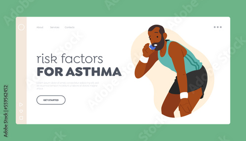 Risk Factors for Asthma Landing Page Template. Black Male Character Use Inhaler cause to Asthma Attack during Jogging