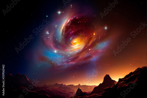 Space sky over the mountains. Milky way and space. High quality illustration