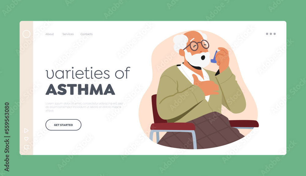 Varieties of Asthma Landing Page Template. Senior Male Character Suffer of Asthma Use Inhaler to Relief Symptoms