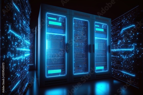 Abstract data center, server center corridor, blue neon. AI