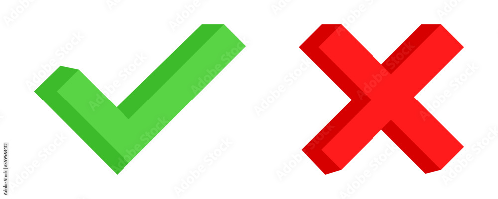 3d green check mark and red cross vector icon. Correct and wrong. Positive or negative symbol. Sign yes or no. 3d green check mark and red cross vector icon. Correct and wrong. Positive or negative symbol. Sign yes or no.