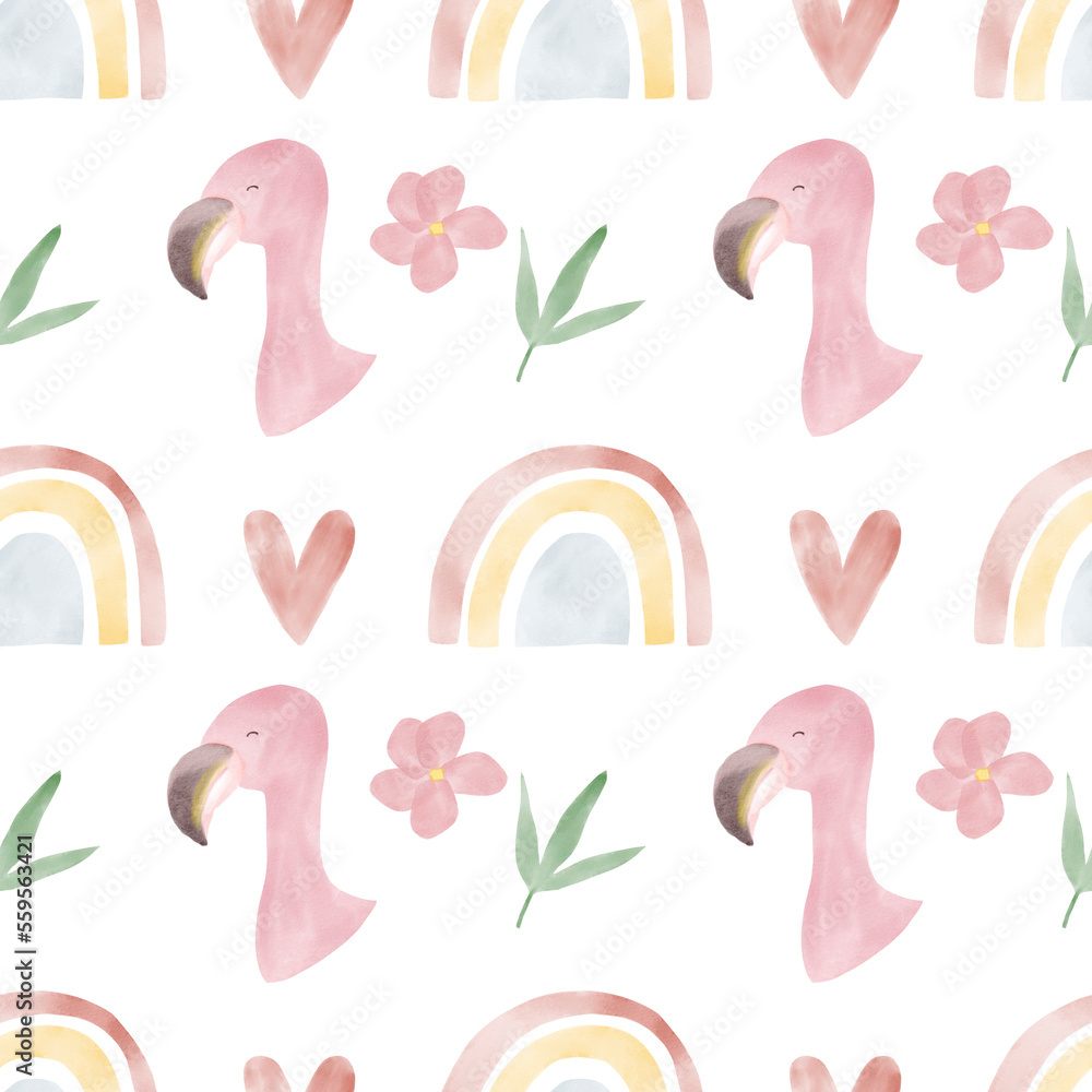 African animals watercolor pattern. Jungle flamingo animal seamless watercolor background with monstera, palm leaves. Hand painted illustration isolated on white background. Nursery wallart African animals watercolor pattern. Jungle flamingo animal seamless watercolor background with monstera, palm leaves. Hand painted illustration isolated on white background. Nursery wallart