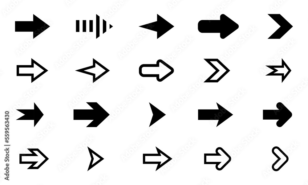 Set of arrows icons vector on white background. Arrow with right direction. Black pointer. Next sign. Set of arrows icons vector on white background. Arrow with right direction. Black pointer. Next sign.