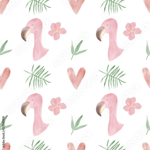 African animals watercolor pattern. Jungle flamingo animal seamless watercolor background with monstera, palm leaves. Hand painted illustration isolated on white background. Nursery wallart