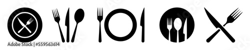 Set of cutlery vector icons. Flatware icons on white background. Fork, spoon, knife and plate. Vector 10 Eps.