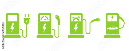 Set of charge stations for electric auto. Charger and plug for car. Vector green icons set.