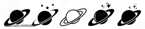 Set of planets vector icons. Planet Saturn with stars - black silhouette. Vector 10 Eps.