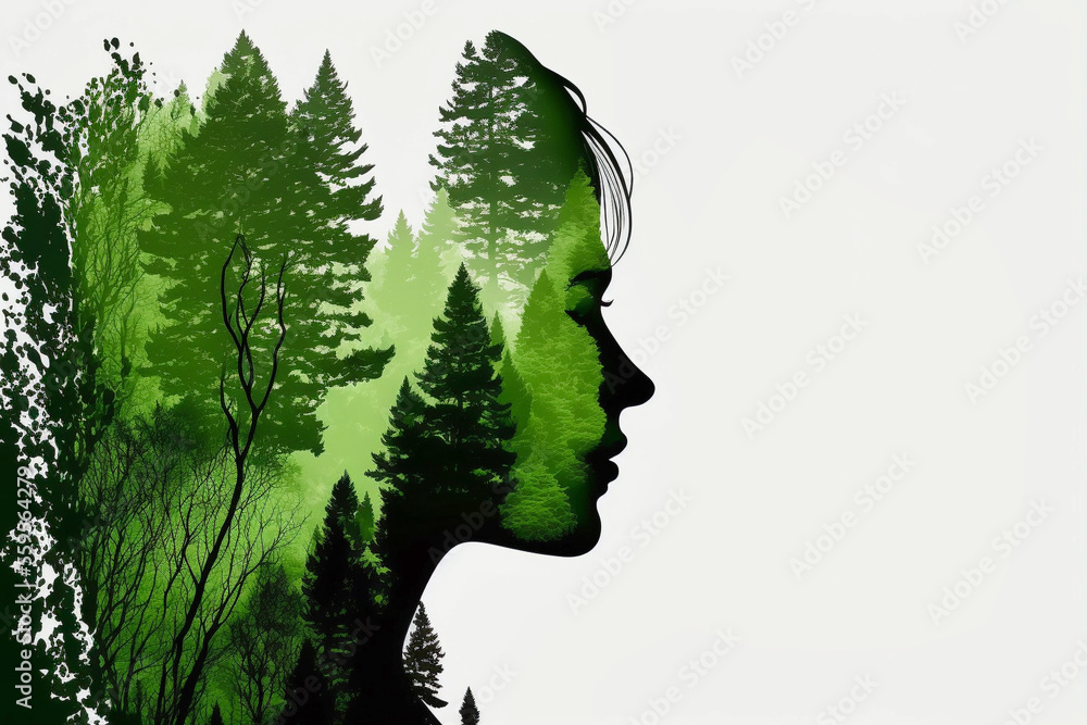 Doppelbelichtung von dem seitlichen Profil einer Frau und einen Wald isoliert auf weißen Hintergrund mit Platzhalter