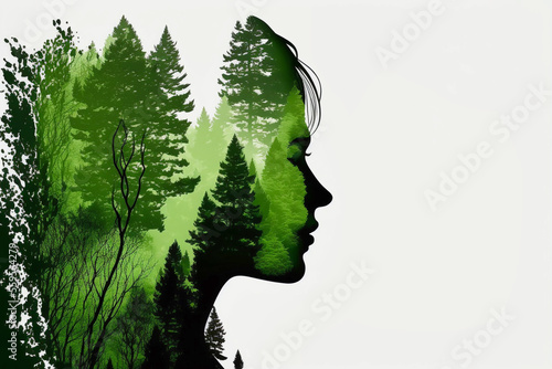 Doppelbelichtung von dem seitlichen Profil einer Frau und einen Wald isoliert auf weißen Hintergrund mit Platzhalter